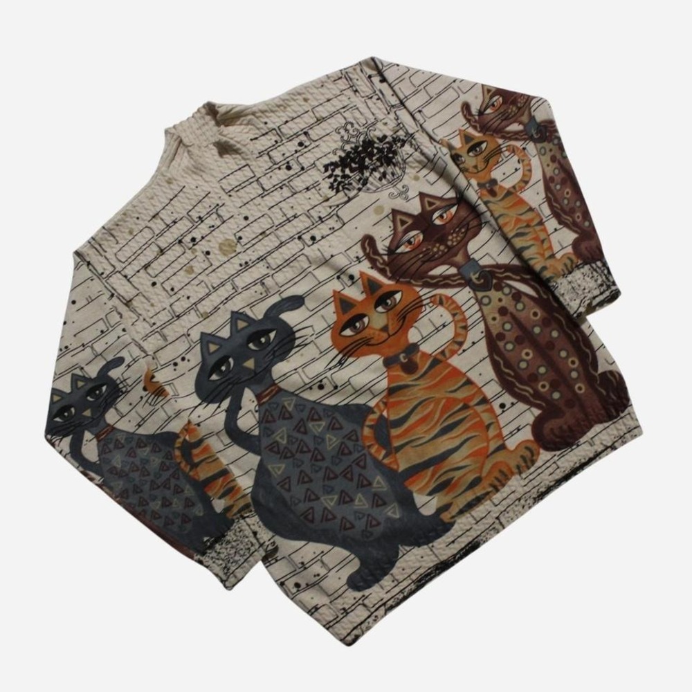 Womens Vintage Y2K Mock Neck 3D Knit Boho Cats Graphic AOP Sweater